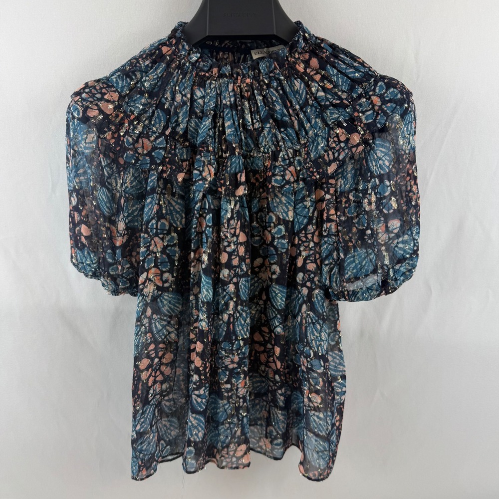 Ulla Johnson Silk Lurex Metallic Ruffle Puff Sleeve Blouse Blue Pink Gold 4 - Picture 7 of 9